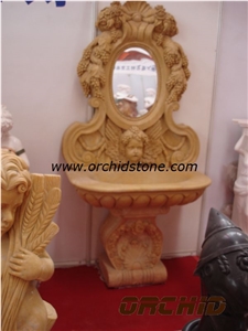 Hand Carved Natural Marble Wall Garden Fountains, Yellow Marble Garden Fountains