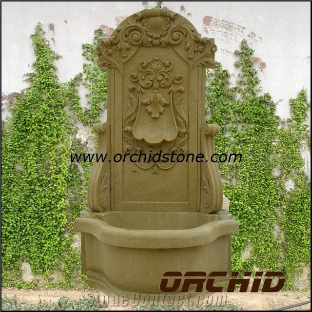 Hand-Sculpted Natural Marble Wall Garden Fountains, Beige Sandstone Garden Fountains