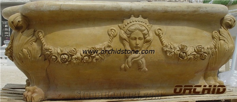 Hand-Sculpted Solid Natural Marble Bathtub, Yellow Marble Bathtubs