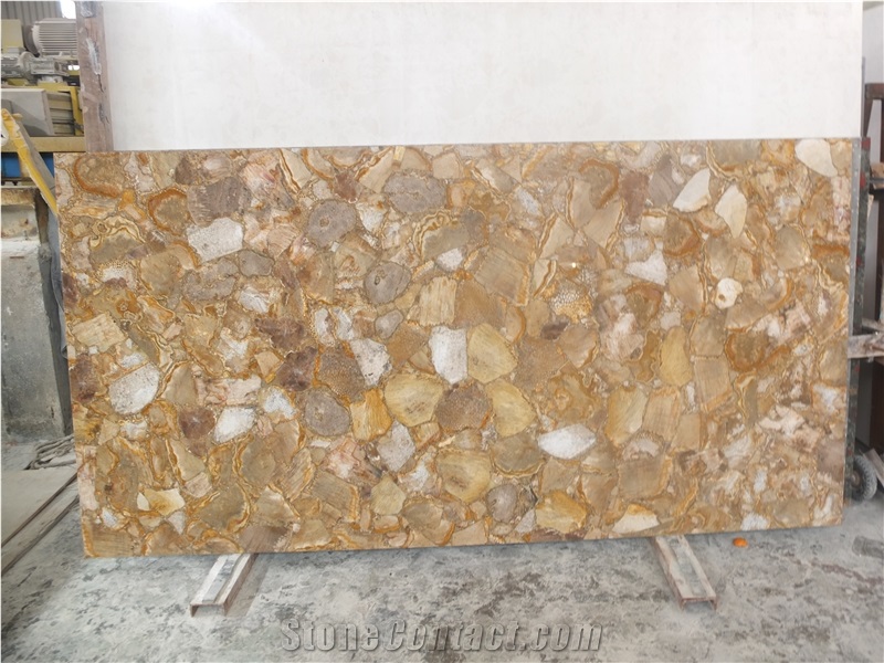 Daisy Fossil Backlit Gem Stone,Semi Precious Stone Slabs&Tiles,Yellow Semi Precious Wall Panel,Indoor Decor Wall Covering/Interior Decoration for Kitchen