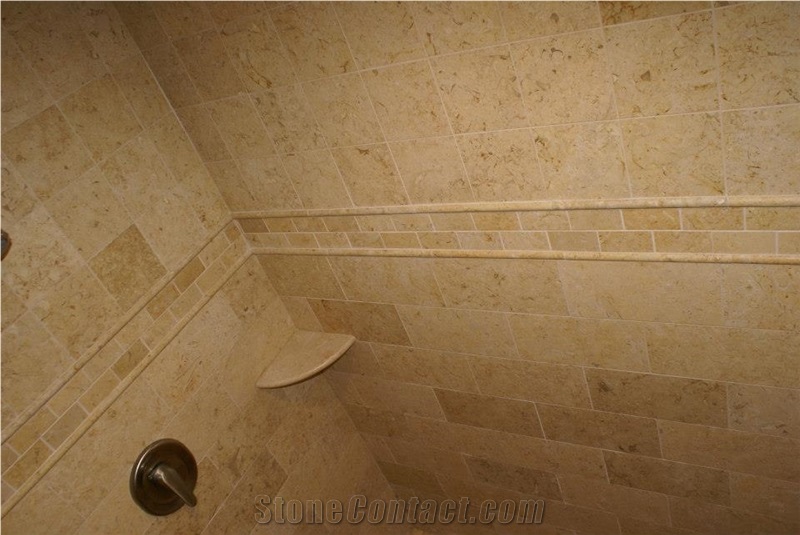 Belgian Truffles Limestone Shower Wall and Floor Application, Beige Limestone Bath Design Egypt
