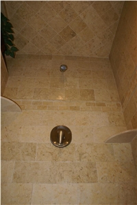Belgian Truffles Limestone Shower Wall and Floor Application, Beige Limestone Bath Design Egypt