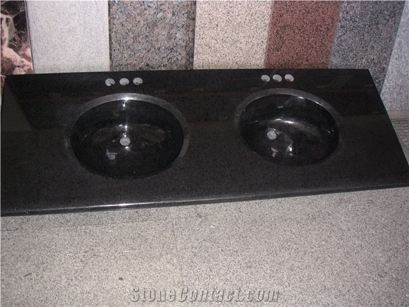 China Black Granite Kitchen Countertops with Under Counter Sinks/Basins, Absolute Black Granite Kitchen Bar Tops