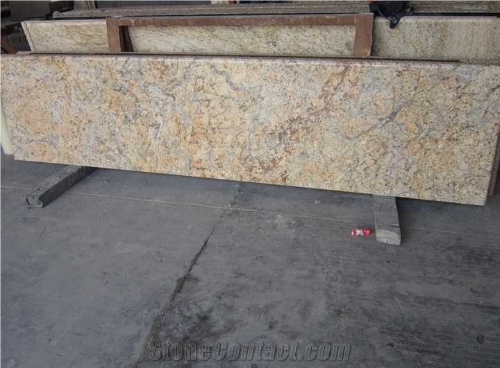 Popular Brazil Cheap Golden Crystal Yellow Granite Polished Kitchen Countertop, Desk,Bench,Desk,Island Worktops with Round/Bullnose Edge Profile, Custom Design Natural Building Stone, Factory