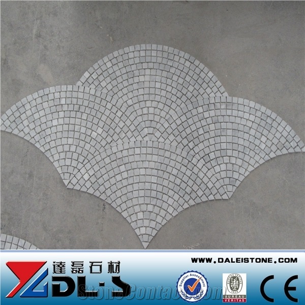 Shower Floor Mesh Backed Mosaic Tiles White Marble Pavers, Bianco Carrara White Marble Mosaic Fan Shaped, Floor Paver Interior Decoration, Natural Building Stone Wall Cladding, Tumbled Cube Stone