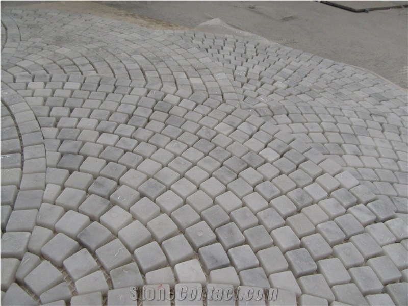 Shower Floor Mesh Backed Mosaic Tiles White Marble Pavers, Bianco Carrara White Marble Mosaic Fan Shaped, Floor Paver Interior Decoration, Natural Building Stone Wall Cladding, Tumbled Cube Stone