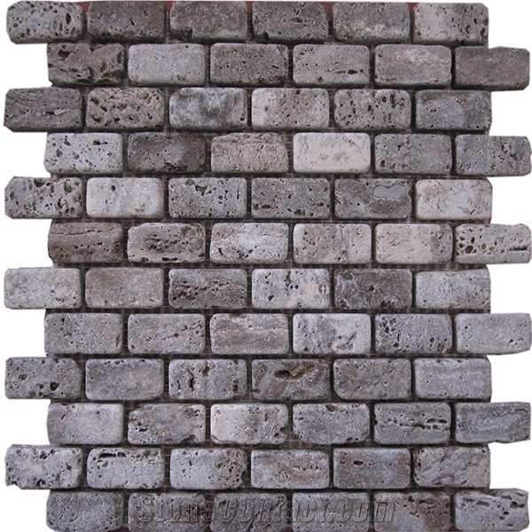 Tumbled Zanjan Beige Travertine Brick Mosaic Mk-007