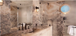 Sunset Cloud Onyx Bathroom Wall and Floors, Shower, Vanity Top, Multicolor Onyx Turkey Bath Design