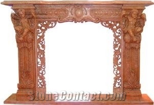 Red Marble Carved Fireplace Mantel and Hearth