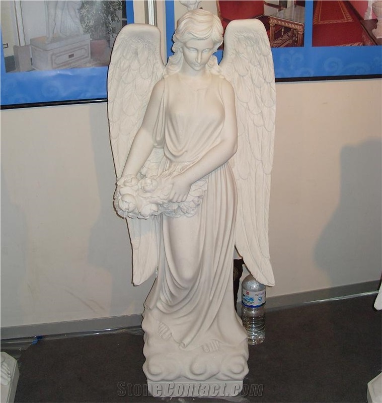 White Marble Winged Angel Flower Sculptures Statue