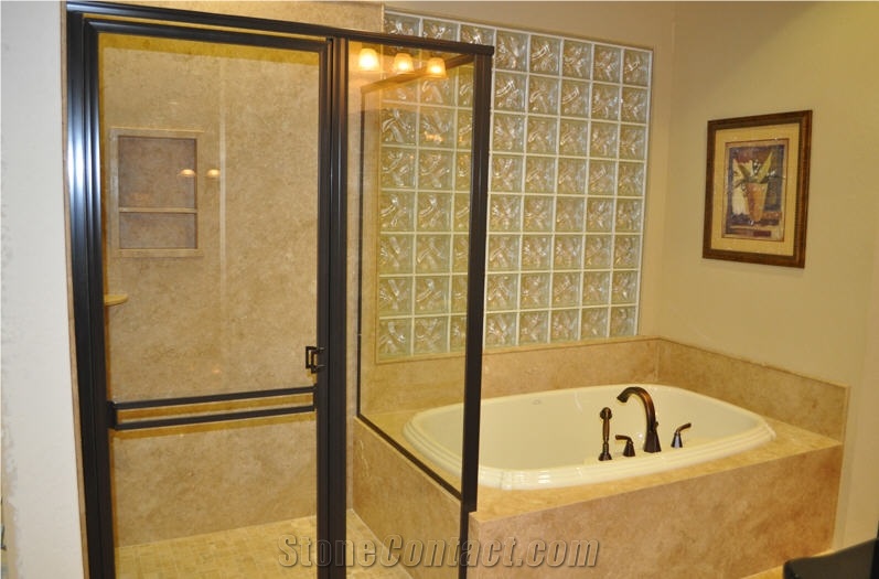 Lemon Travertine Bathroom Design, Tile And Slab