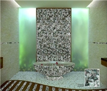 Black mother of pearl decoration in bathroom. 