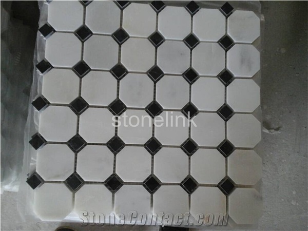 China White + Black Marble Dot-Octagon Mosaic