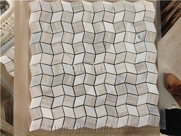 Wood White+ Carrara White Marble Square Mosaic