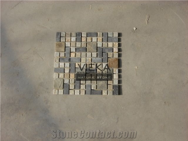 P014 Beige Grey Slate Mosaic Tiles, Tumbled Brick Linear Strip Brick Mosaics,Split Face Mosaic Pattern for Wall Floor,Inside Outside Decoration