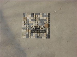 P014 Beige Grey Slate Mosaic Tiles, Tumbled Brick Linear Strip Brick Mosaics,Split Face Mosaic Pattern for Wall Floor,Inside Outside Decoration