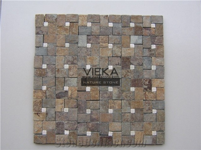 Rustic Slate Mosaic Tiles,Rusty Tumbled Pure White Quartzite Brick Linear Strip Brick Mosaics,Split Face Mosaic Pattern for Wall Floor,Inside Outside Decoration