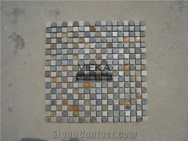 Slate & Glass Mosaic Tiles, Tumbled Brick Linear Strip Brick Mosaics,Split Face Mosaic Pattern for Wall Floor,Inside Outside Decoration