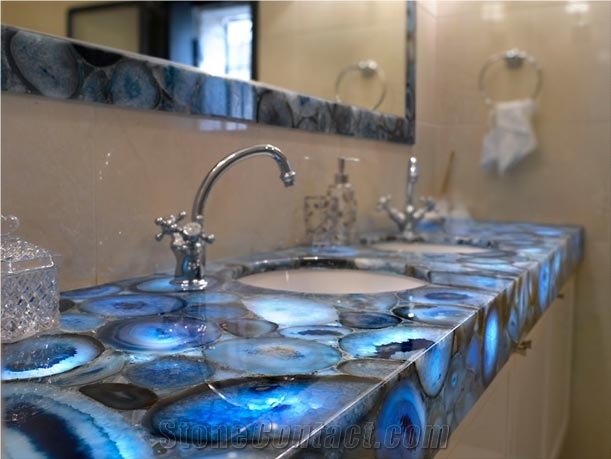 Blue Crystal Gemstone Bathroom Top,Blue Crystal Semipresious Stone Hotel Design ,Home Decor Transparent Stone Vanity Tops