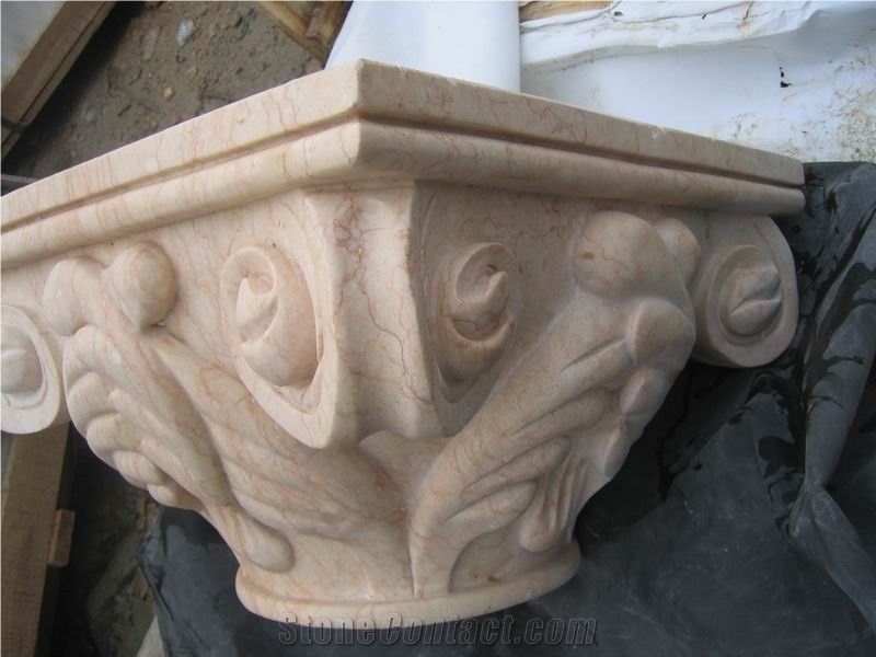 Beige Marble Roman Sculptured Columns, Outdoor Building Stones Architectural Corinthian Columns, Exterior Landscaping Stones Column Bases & Tops