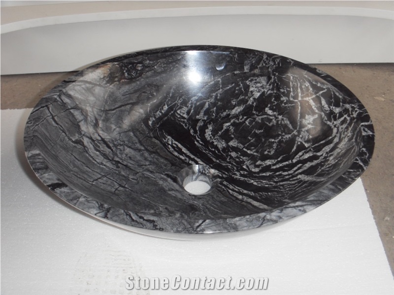 Polished Black Zebra Marble Sinks and Basins