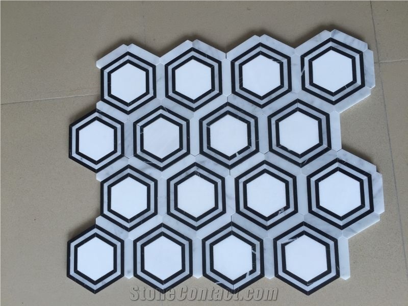 Thassos White+Carrara White Marble+Nero Joint Tight Sepeical Hexagon Mosaics