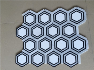 Thassos White+Carrara White Marble+Nero Joint Tight Sepeical Hexagon Mosaics