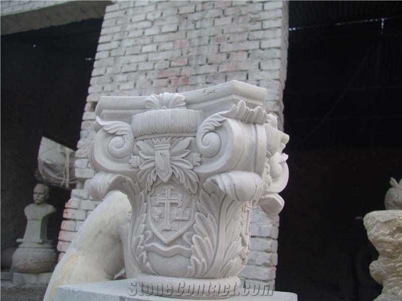 White Marble Column Base,Hand-Carved Column, White Vein Grey Marble Column