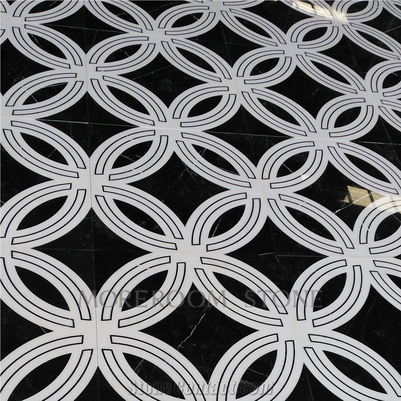 Chinese White Marble Tiles, Spanish Nero Marquina Marble Floor Design Pictures Round Medallions Tiles, Polished Water Jet Marble Floor Medallion Tiles