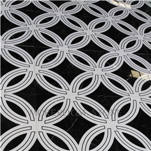 Chinese White Marble Tiles, Spanish Nero Marquina Marble Floor Design Pictures Round Medallions Tiles, Polished Water Jet Marble Floor Medallion Tiles