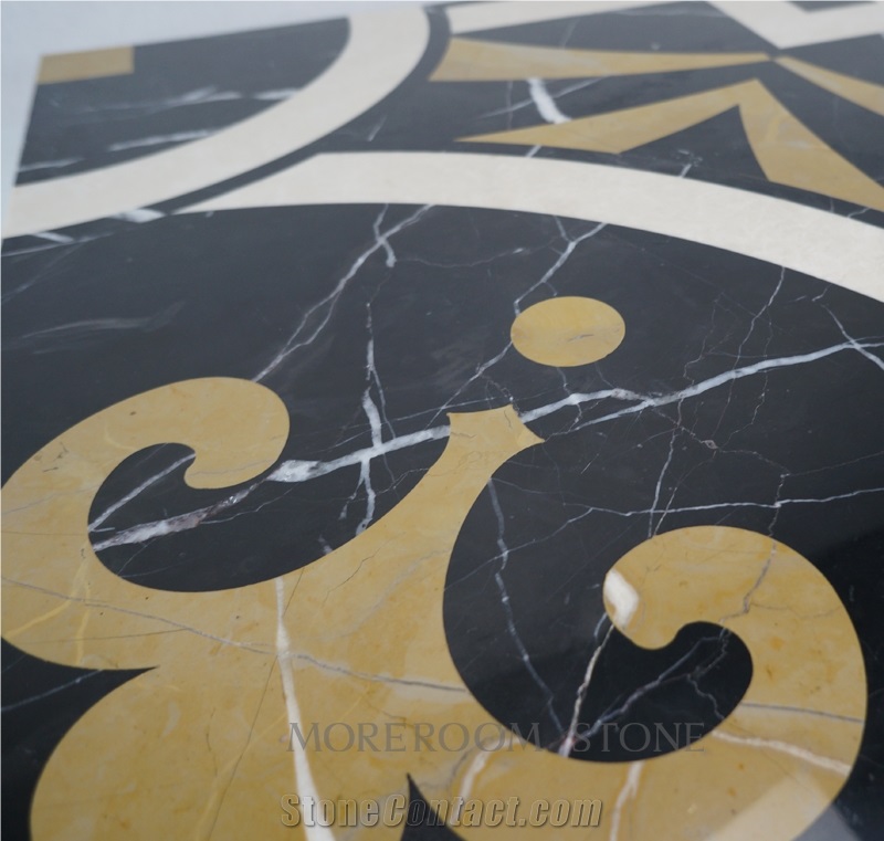 Polished Spanish Marble Tiles, Black Marble Design, Nero Marquina Marble Waterjet Medallions Tiles, Floor Medallions, Laminated Medallions, Marble Flooring Tiles Decoration Marble