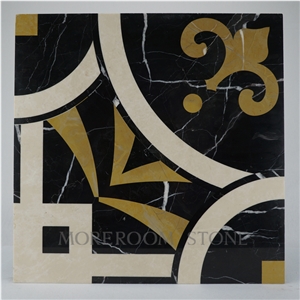 Polished Spanish Marble Tiles, Black Marble Design, Nero Marquina Marble Waterjet Medallions Tiles, Floor Medallions, Laminated Medallions, Marble Flooring Tiles Decoration Marble