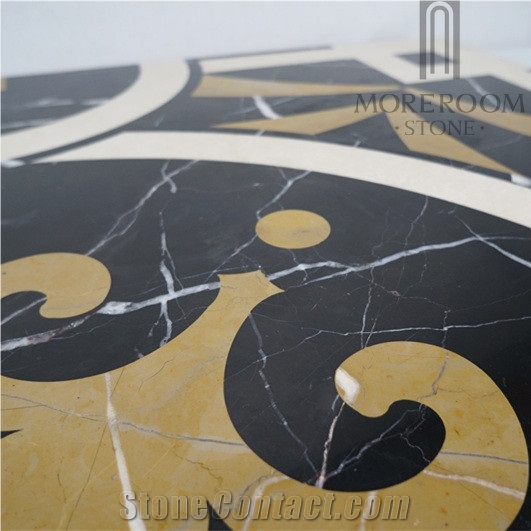 Turkey Sakarya Black Magic Marble Laminated Marble Carpet Medallion with Aluminum Honeycomb Backed