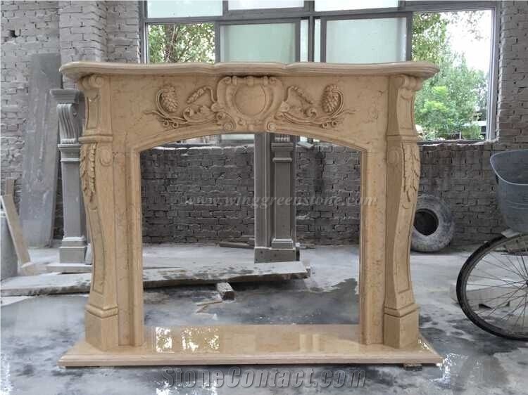 Egyptian Beige Marble European Style Fireplace Mantel/Fireplace Cover/Insert, Carved by Hand