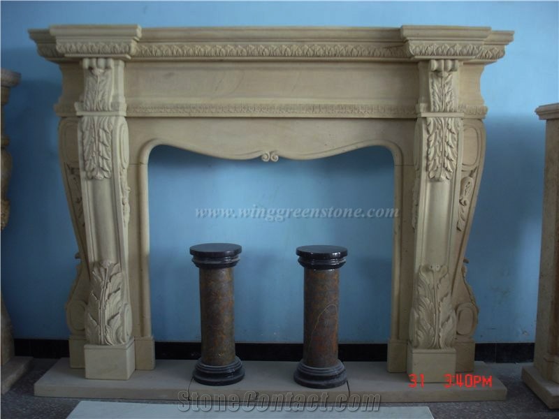 Egyptian Beige Marble European Style Fireplace Mantel/Fireplace Cover/Insert, Carved by Hand