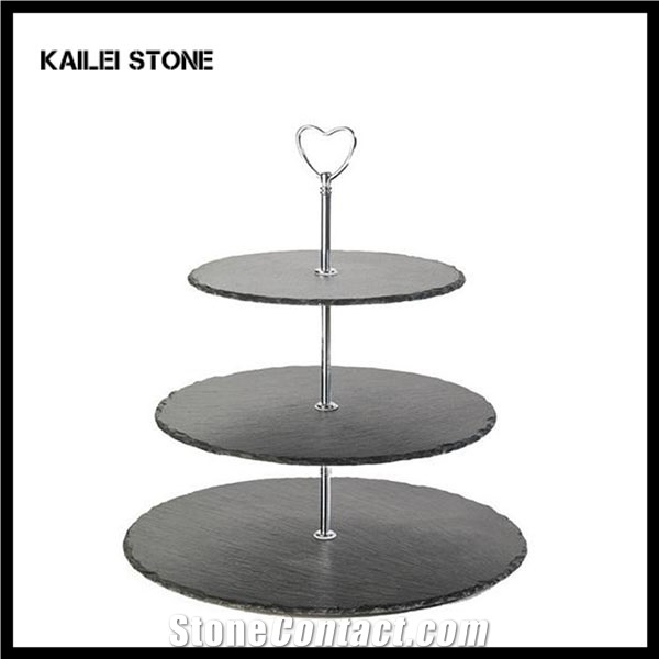 Xingzi Black Slate 3 Tier Round Design with Gold Carrying Handle 1m Height 100% Natural Slate Serving Candies, Dessert, Bread, Fruit, Candy Tray Board