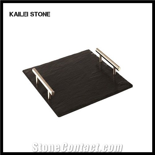Xingzi Black Slate Serving Tray with Stainless Steel Handles