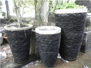 Stacked Stone Slate Pots, Black Slate Natural Garden Planters - Pebble Water Fountain, Grey Slate Fountain
