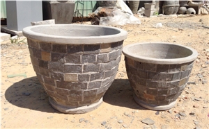 Stacked Stone Slate Pots, Black Slate Natural Garden Planters - Pebble Water Fountain, Grey Slate Fountain
