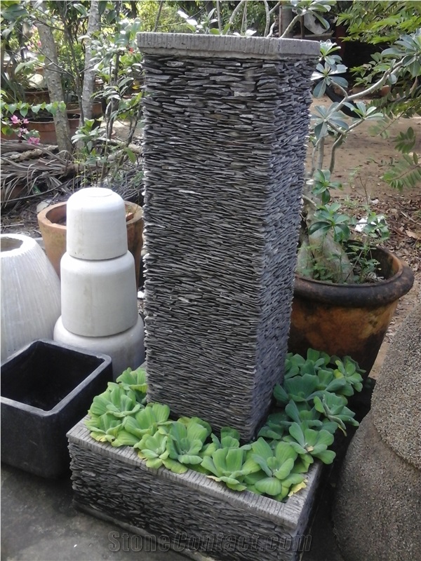 Stacked Stone Slate Pots - Sandstone Natural Garden Planters - Pebble Water Fountain, Grey Slate Fountain