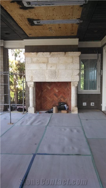 Antique French Stone Surround with Antique Brick Fireplace Design, Beige Limestone Fireplace Surround