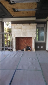 Antique French Stone Surround with Antique Brick Fireplace Design, Beige Limestone Fireplace Surround