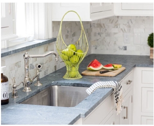 Perimeter is Classic Soapstone Counter and Calacatta Gold Marble Island Top