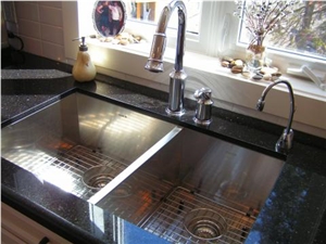 Black Galaxy Granite Kitchen Countertop with a Square Sink Cut Out, Black Granite Countertops