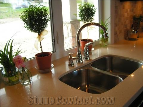 Caesarstone Quartz Kitchen Countertop with Under Mount Sink, Beige Quartz Vanity Tops Canada