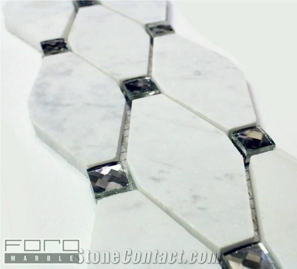 Diamond Form Bianco Carrara Marble Mosaic, White Marble Wall Mosaic