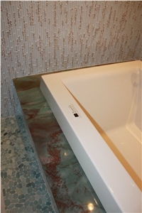 Botanic Bordeaux Quartzite Bathtub Deck, Glass Mosaic Wall Surround