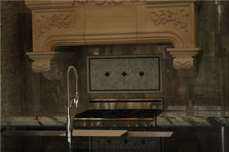 Exotic Granite Kitchen Perimeter Top and Island Top, Limestone Carved Kitchen Hood