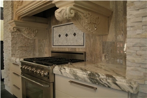 Exotic Granite Kitchen Perimeter Top and Island Top, Limestone Carved Kitchen Hood