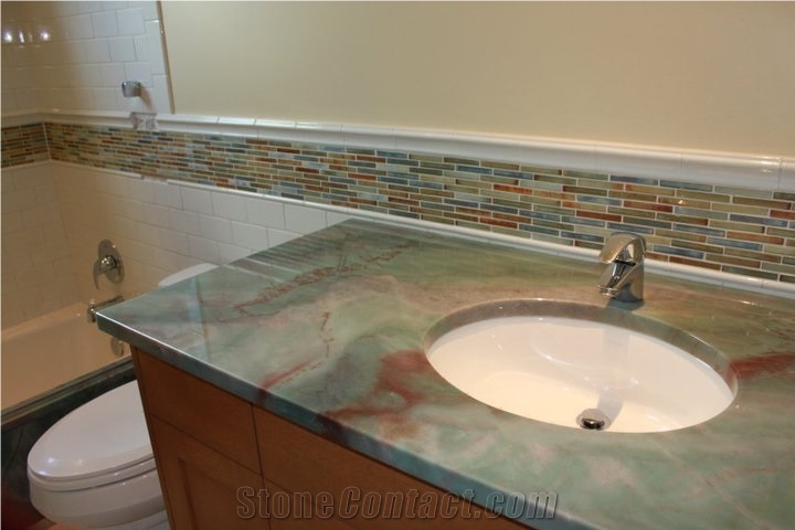 Gaya Quartzite - Emerald Green Quartzite Bathroom Vanity Top, Glass Linear Mosaic Border